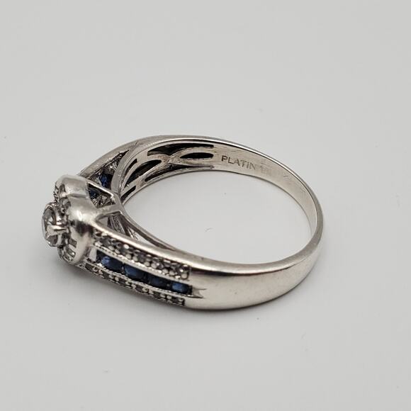 Platinum over Sterling Silver Diamond and Blue Sapphire Heart Ring Size 8 - Picture 8 of 11